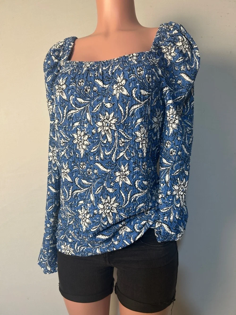 LOFT Women’s Floral Puff Long Sleeve Blouse Textured Top Square Neck Size L NWT